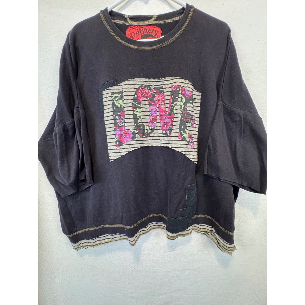 Joan Vass Refinery Black Cotton LOVE Floral Graphic Boxy Top Short Sleeve 1